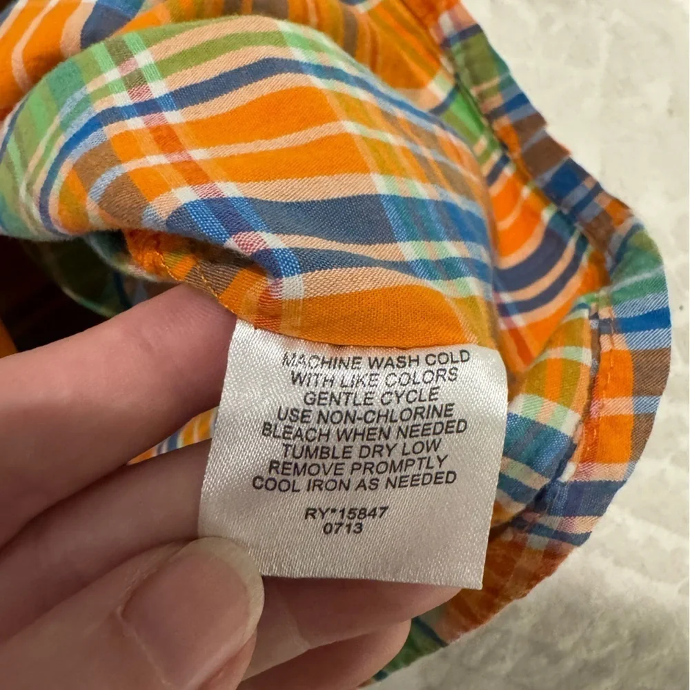 Beverly Hills Polo Club Orange Blue plaid Button Down Shirt elbow patches